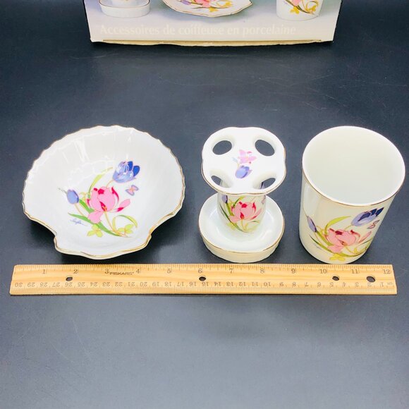 80s Floral Porcelain Vanity Accessory SET - toothbrush holder/soap dish/cup- NOS - Picture 10 of 11